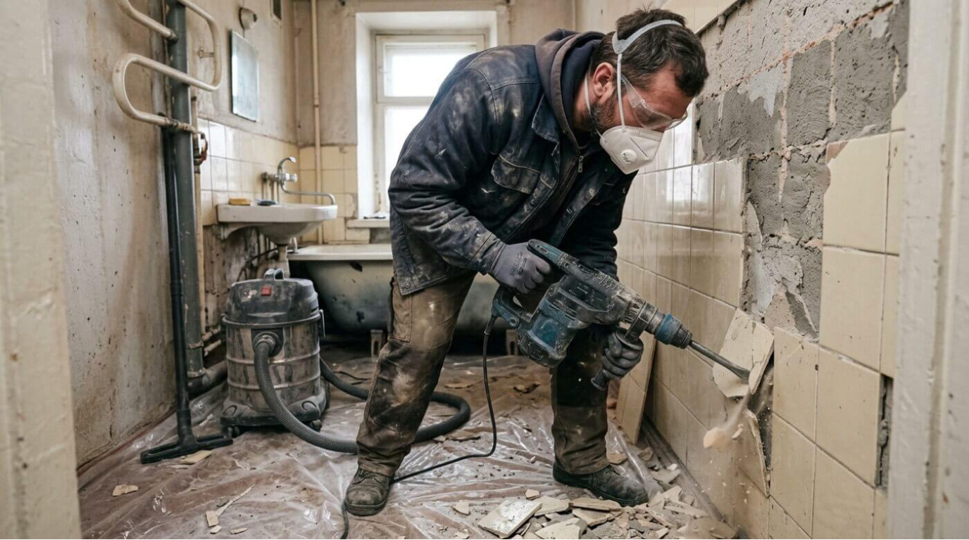 Демонтаж плитки перфоратором