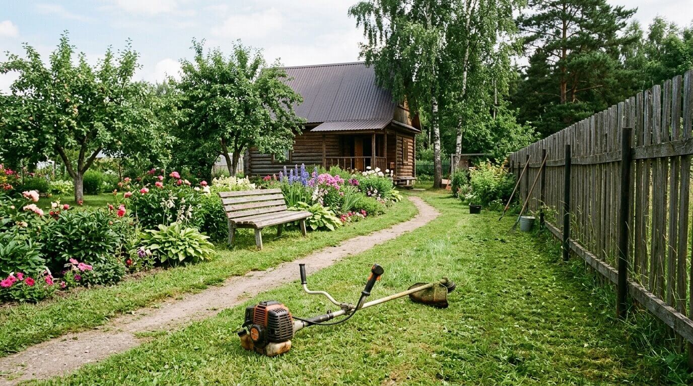 Триммер у забора и деревьев